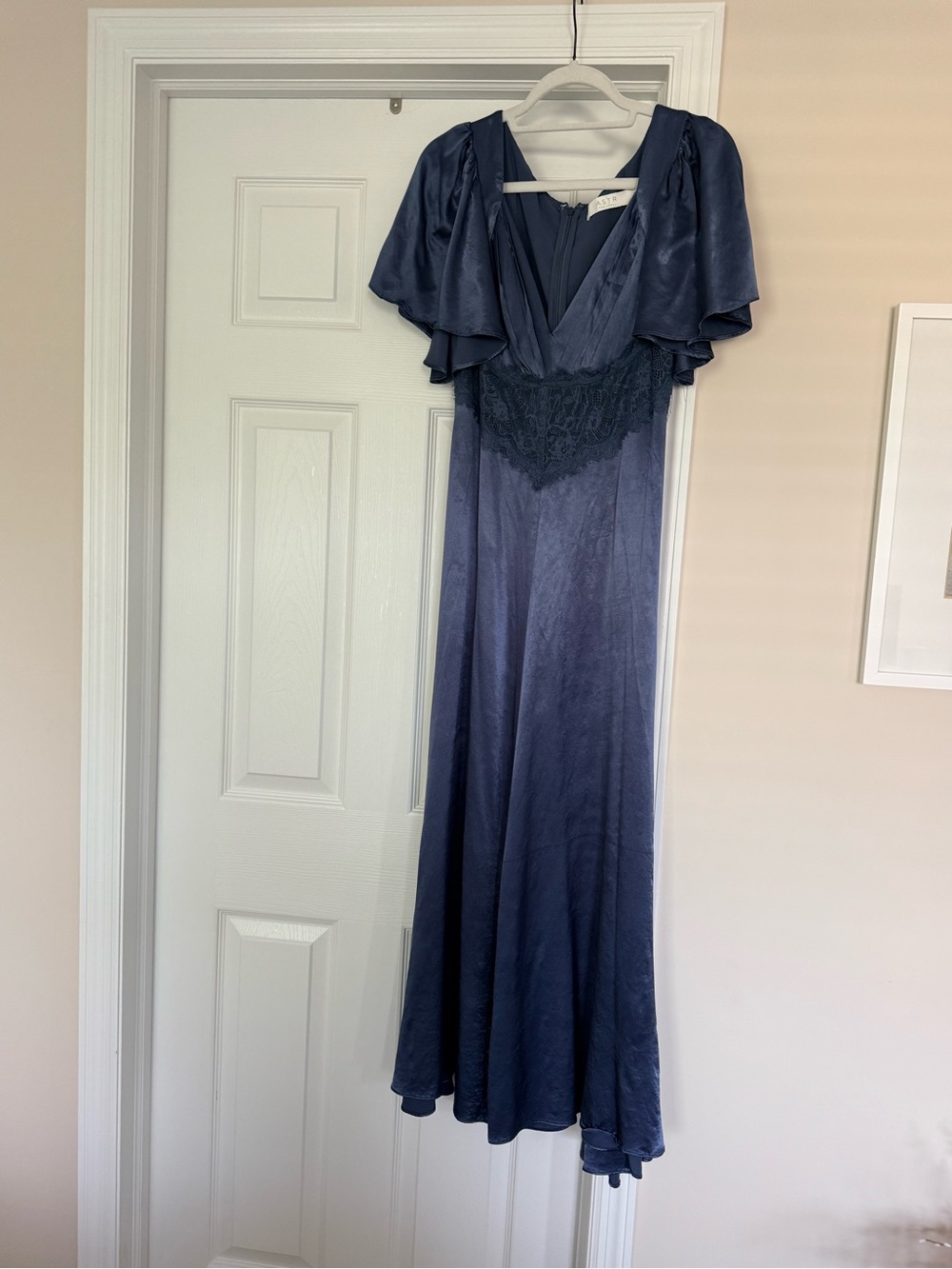 Astr Navy Blue Satin Maxi Dress with Lace Bodice - Picture 2 of 8